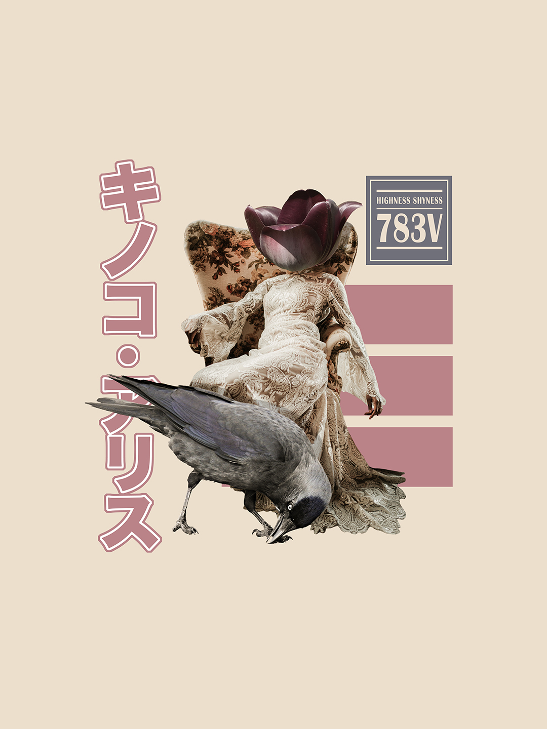 Surreal digital collage titled Highness Shyness, Outburst Rehearsed, featuring a woman with a flower head and white laced dress sitting on a throne like couch next to a giant black crow by Mushroomalice MUMA