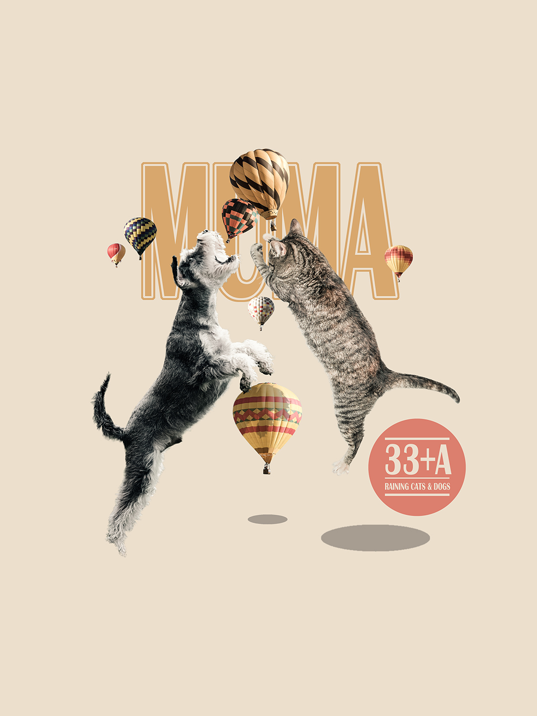 Surreal digital collage titled Raining Cats and Dogs, featuring giant cats and dogs jumping and trying to catch mini hot air balloons by Mushroomalice MUMA