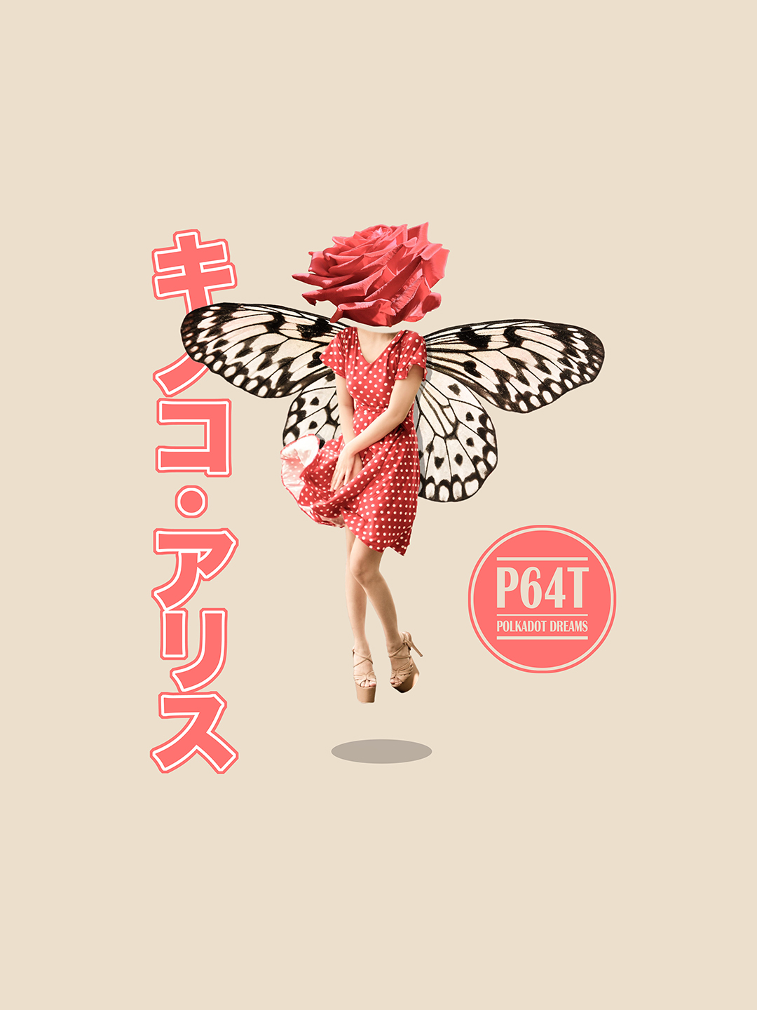 Surreal digital collage titled Polkadot Dreams, Forgotten Whims, featuring a woman with a flower rose head and a red dress with white polkadots and butterfly winds floating in mid air by Mushroomalice MUMA