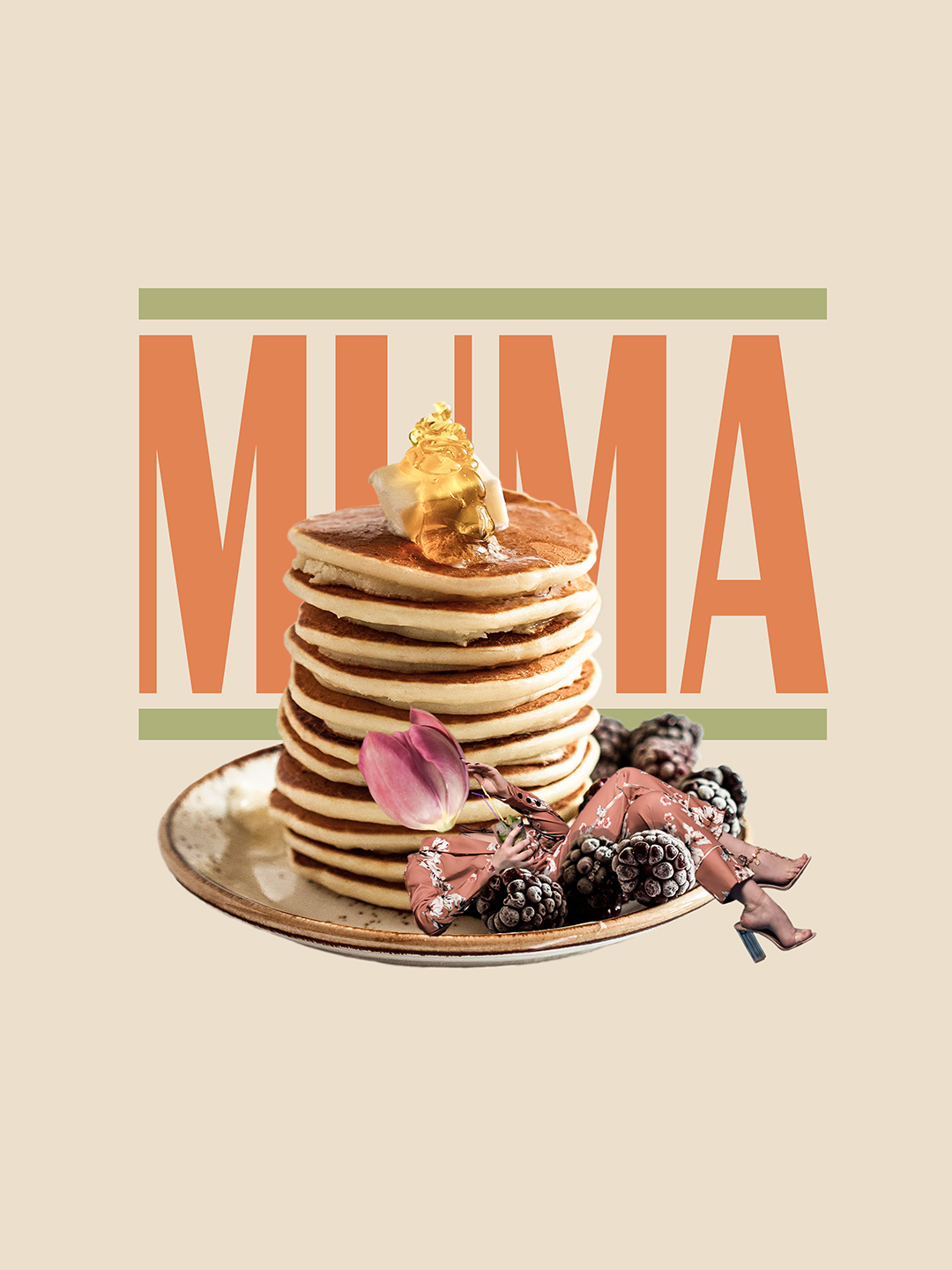 Surreal digital collage titled Pancakes we Ate, Kisses in Bed, featuring a woman with flower head in silk pajamas laying next to black berries in a giant plate of pancakes with butter and honey on top by Mushroomalice MUMA
