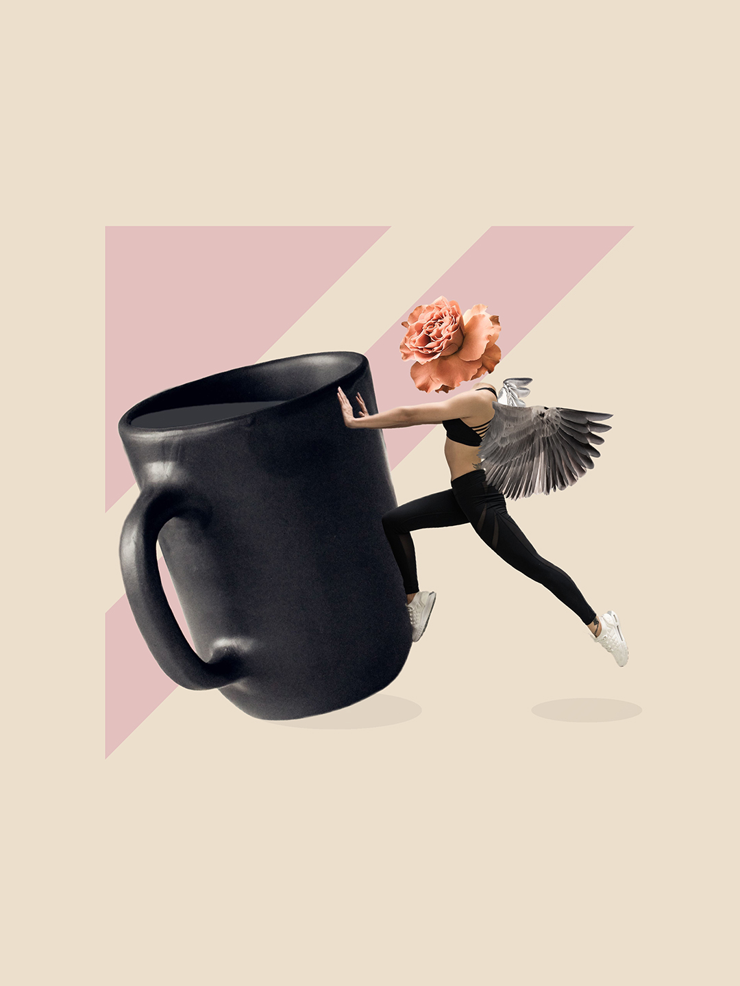 Surreal digital collage titled If I'm Cold, Would You Know, featuring a person with a flower head and wings pushing down a giant mug of water by Mushroomalice MUMA