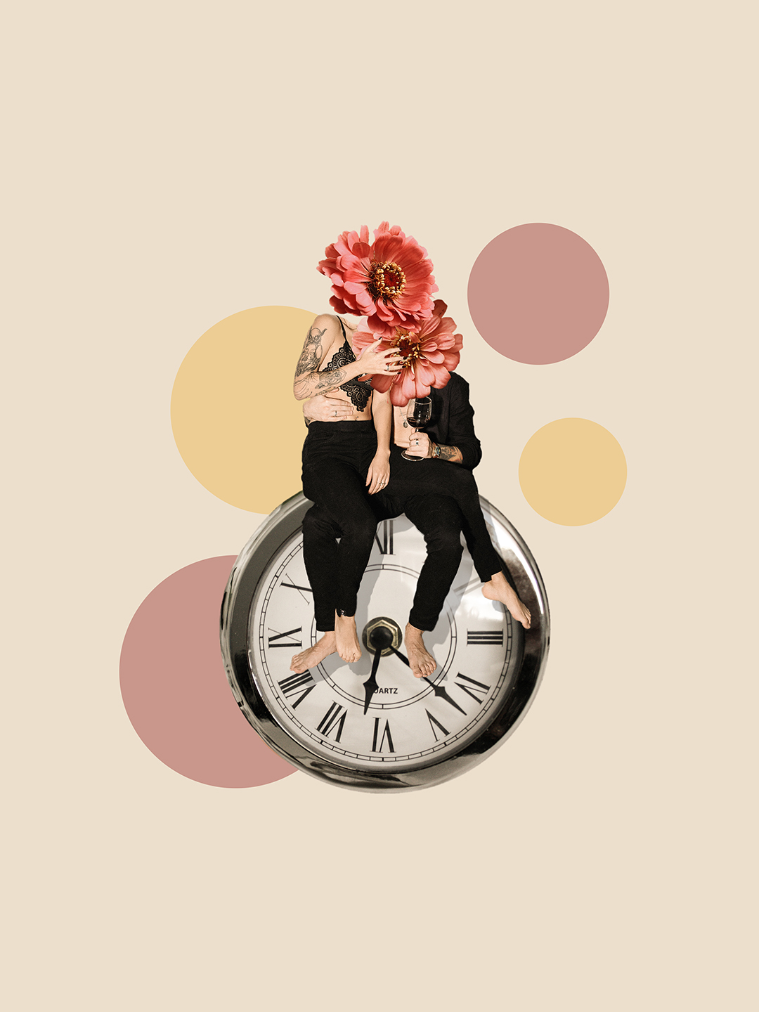 Surreal digital collage titled Locking Eyes, Breaking Ice, featuring a couple with flower heads sitting closely next to each other on a giant clock by Mushroomalice MUMA