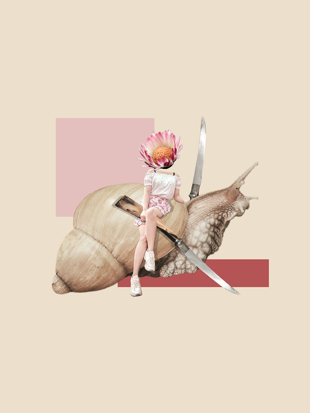 Surreal digital collage titled If I'm Late, Will You Wait, featuring a girl with pink flower head holding bread knives riding on a giant snail by Mushroomalice MUMA