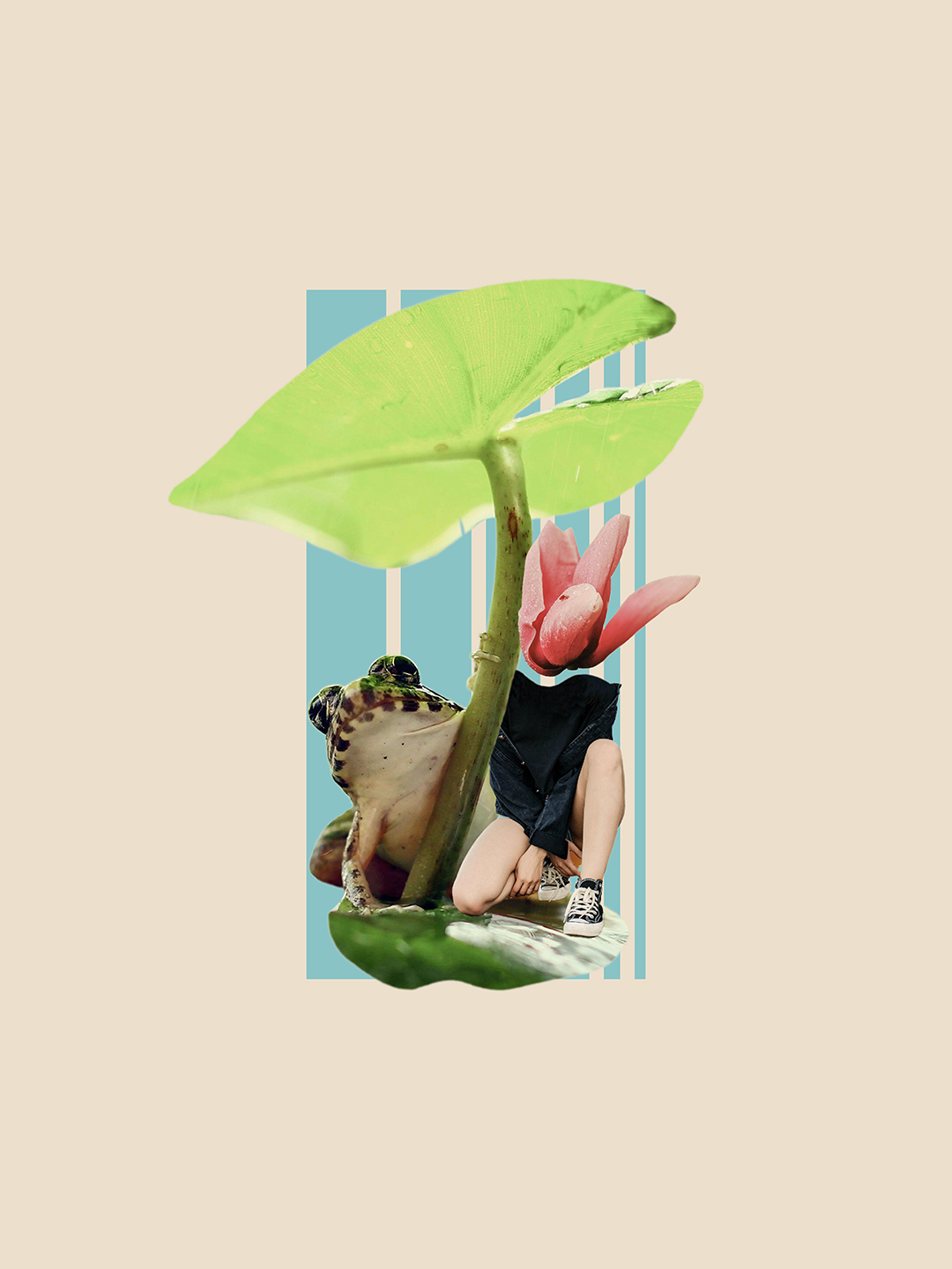 Surreal digital collage titled Live my Life, Share my Sighs, featuring a tiny figure with flower head crouching next to a frog under a leaf by Mushroomalice MUMA